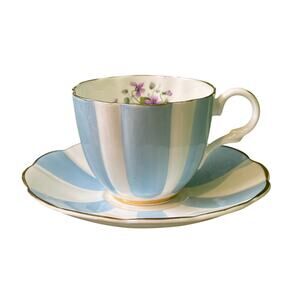 Royal Seagrave Vintage White Blue Striped Gold Trim Bone China Teacup Saucer Set